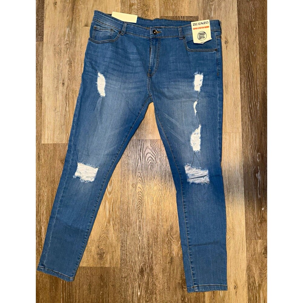 ZE ENZO Men's Blue Distressed Stretch Skinny Slim Fit Jeans 42x32 SKU#16